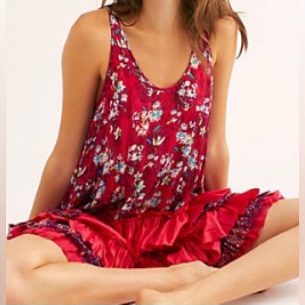 Free People Red Floral Ruffle Trim Tunic Dress